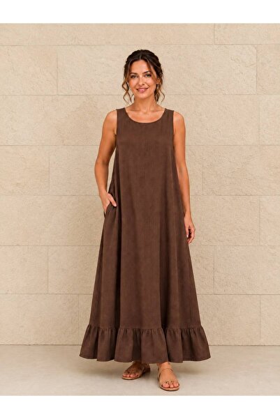 AGORATEKSTİL Women's Flounced Thick Strap Cotton Fabric Dress 42-46