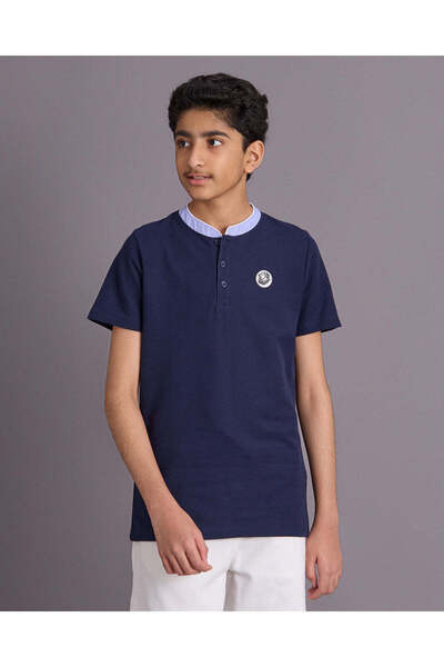 REDTAG Senior Boys Navy Mandarin Polo Shirt