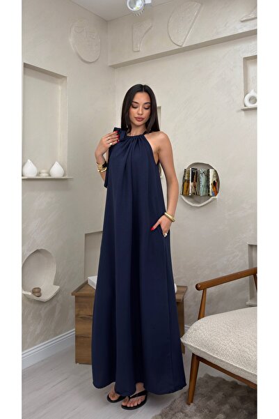 miraylawear FAYE LACİVERT RENKLİ BOYUNDAN BAĞLAMALI SALAŞ TARZ KADIN MAXİ ELBİSE