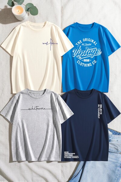 uyguntarz Unisex Mixed Print T-Shirt Set – 4-Pack Crew Neck Casual T-Shirts