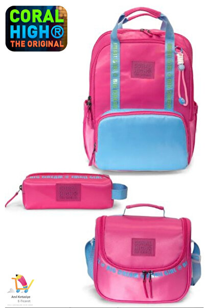 Coral High Pink Blue 3-Piece School Bag Set Bag Pen Holder Thermal Lunch Bag