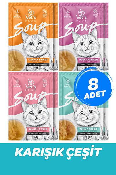 Vet's Plus Karışık Çeşit Kedi Çorbası 50gr x 8 Adet (Tahılsız Sıvı Kedi Ödülü)
