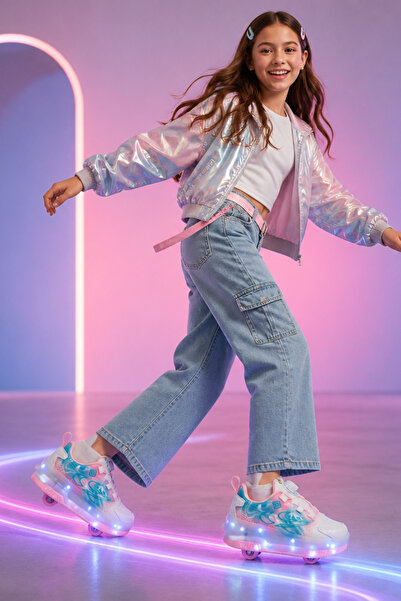 ByCukurovaFrango Işıklı Şarjlı Kız Çocuk 4 Tekerlekli Pembe Günlük Sneaker Fr...