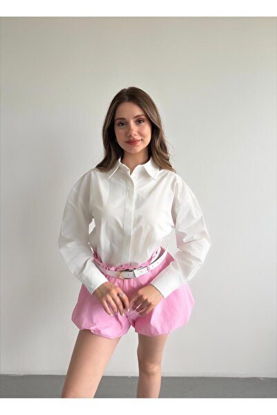 FMN Collection Oversized Buttoned Long Shirt with Belt Balloon Short Shorts P...