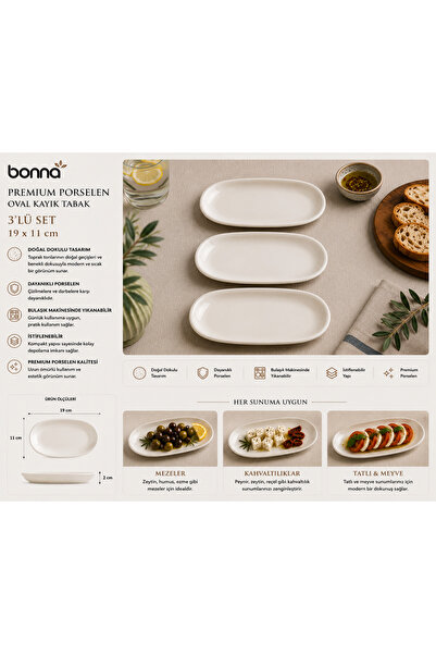 Bonnami Bonna Gourmet Oval Kayık Tabak 19X11 cm 200 Cc - Porcelain Salad, App...