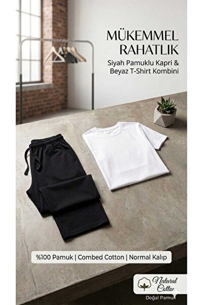 BEYAZTOPTAN 100% Cotton Men's T-Shirt and Capri Shorts Combination - Comforta...