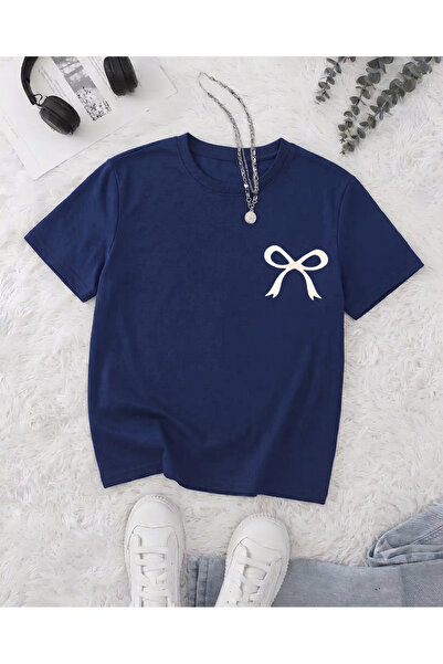KOZİA OUTDOORS Women's Minimal Bow Print Crew Neck Oversized T-Shirt