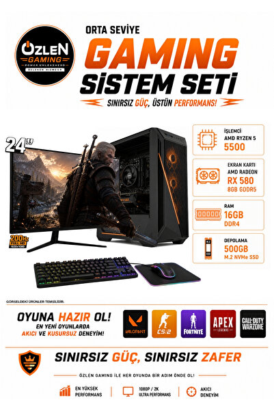 ÖZLEN X18 RYZEN 5 5500 RX 580 8GB 16GB RAM 500GB M.2 SSD 24'' Full HD 200Hz O...