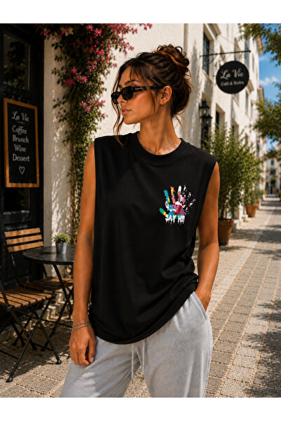 caddekombin Sıfır Kollu Sırt El Baskılı Pamuk Penye Bisiklet Yaka T-shirt