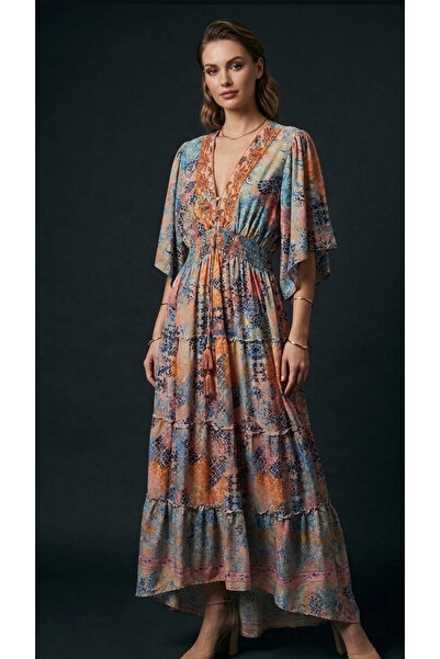 moda gk Boncuk/Nakış Detaylı Parlak Desenli Bohem İpek Elbise