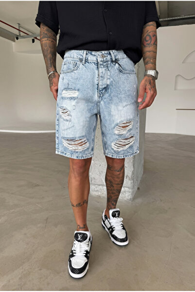 MADZEYMODA Men's Ripped Detailed Light Blue Denim Jean Shorts Ke-481
