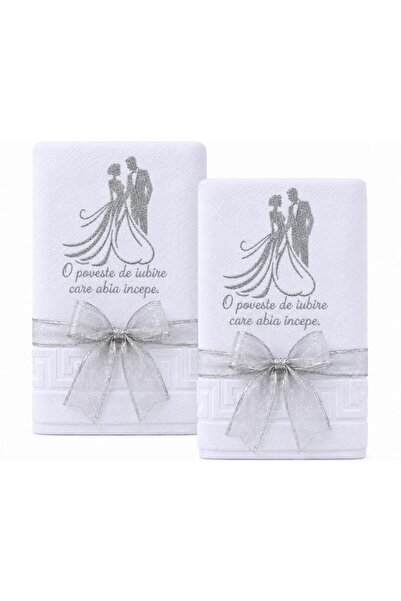 Ingift Set 2 Prosoape Brodate fir argintiu, pentru Nunta, 100% Bumbac, 70 x 1...