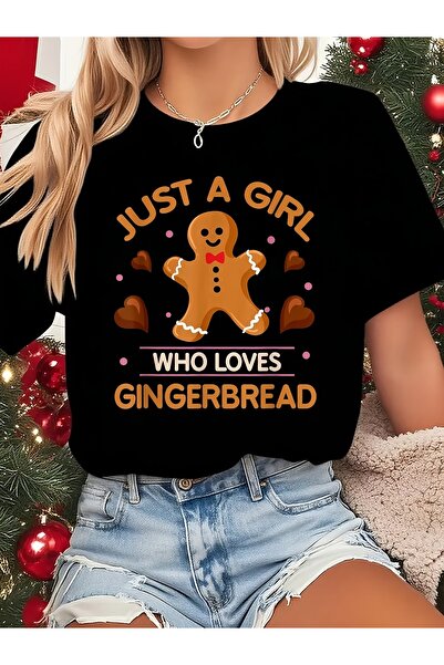 STITCHLY تي شيرت نسائي يحمل عبارة 'JUST A' مع رسم رجل خبز الزنجبيل بربطة عنق ...
