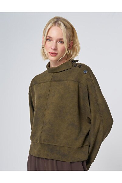 Kayra Buttoned High Collar Blouse Khaki