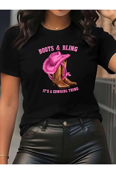 STITCHLY Womens T-Shirt with Pink Cowboy Hat Graphic, Boots Bling Its a Cowgi...