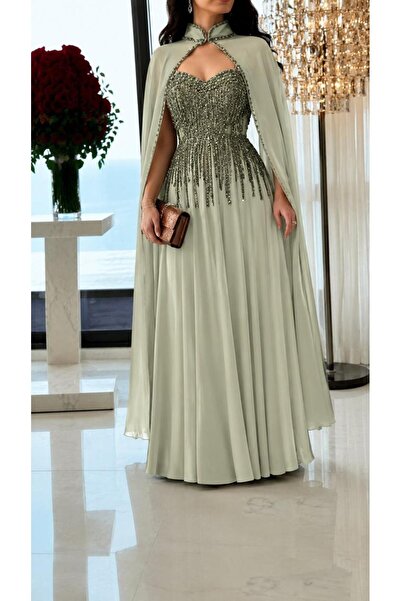 Mar style Luxury Cape Evening Dress with Shiny Embroidery