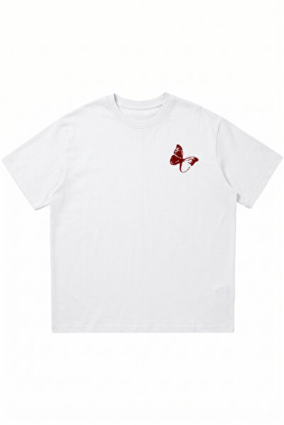 DASH WEAR Butterfly Printed White Oversize Crew Neck T-Shirt