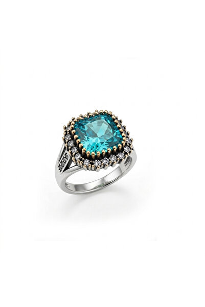Silveranka 925 Ayar Gümüş Otantik Aqua Kare Ice Cut Taşlı Hürrem Yüzük