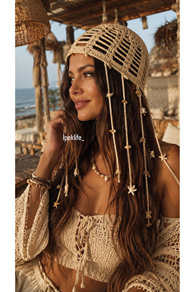 ipeklife قبعة بيريه بتصميم صدفة البحر مع باندانا