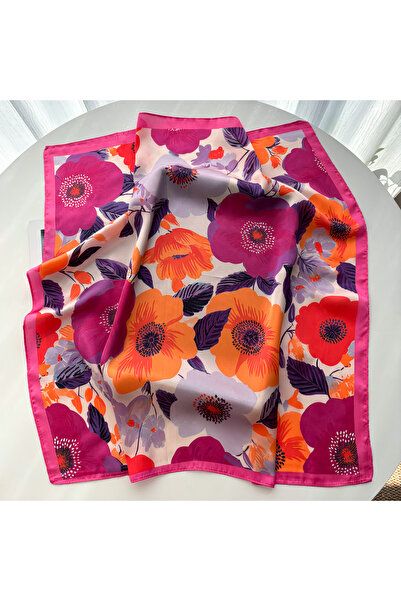 Choice وشاح مربع فاخر مطبوع بالزهور FJ1231-8-Rose للنساء، وشاح حرير صناعي، با...