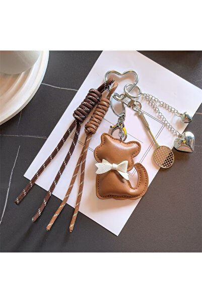 Choice brown Cute Leather Cat Keychain Bag Tassel Love Heart Badminton Racket...