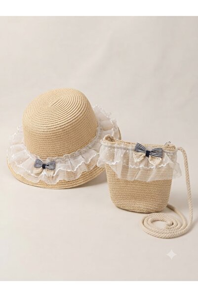 Fonem Flora Wicker Girl's Beige 100% Natural Wicker Rope Straw Hat and Bag Se...