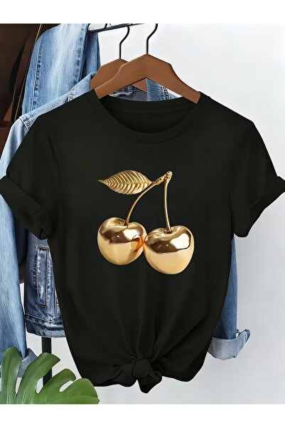 212Wear تي شيرت كوانكوان ذهبي معدني بطبعة الكرز، قميص عصري فضفاض بياقة دائرية...