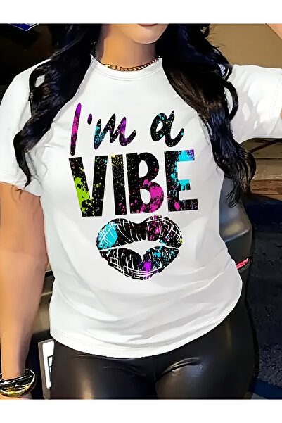 12 Teknoloji تي شيرت نسائي بطبعة I'm A Vibe مع رسومات شفاه نابضة بالحياة، أكم...