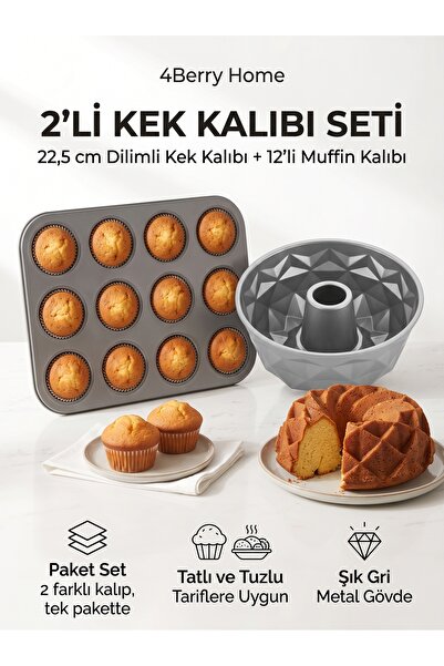 4 Berry 2'li Kek Kalıbı Seti: Dilimli Büyük Kek & 12'li Muffin Kalıbı