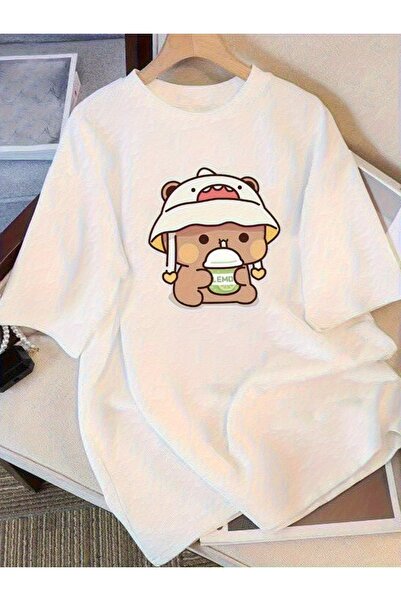 1001 Line White Cute Graphic Tee Relaxed Fit Short Sleeve Top Featuring an An...