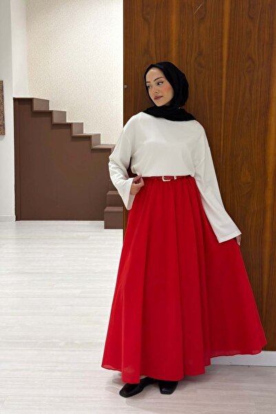 Faya Boutique Kırmızı Ceinture Kemerli Keten Etek