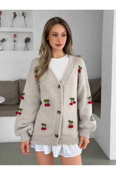 yardıtekstil triko hırka kiraz detaylı nakışlı