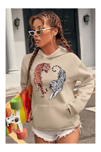 ZİYMO Women's Hooded Printed Relaxed Fit Sweatshirt