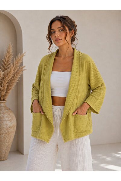cesita Women's 100% Cotton Green Fringed Foldable Sleeve Summer Muslin Jacket...