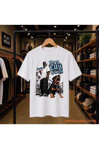 playwear Tricou cu imprimeu Keep My City, 100% bumbac, supradimensionat, cu c...