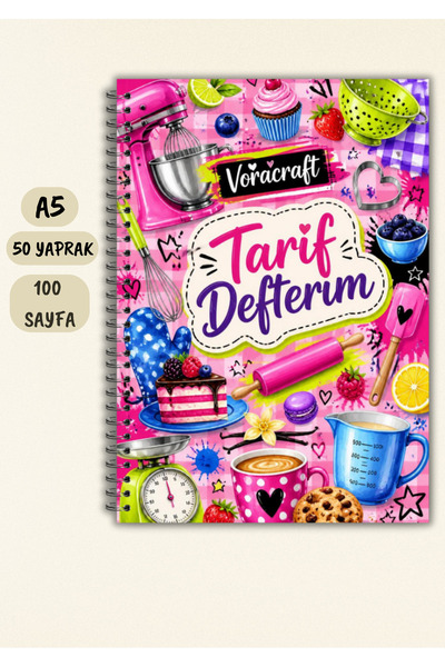 VORACRAFT Yemek Tarif Defteri, 50 Yaprak /100 Sayfa, A5 / Tel Spiral TRF0024