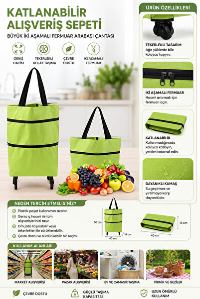 Foldable Grocery Bag With Wheels Oversized Two-Stage Market Trolley Green