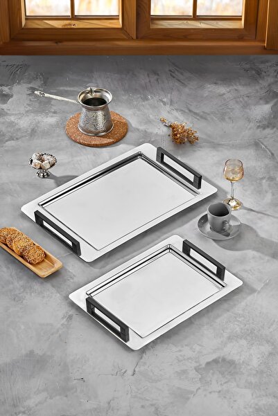 Cosiness Steel 2-Piece Serving Tray Set - Black Handle