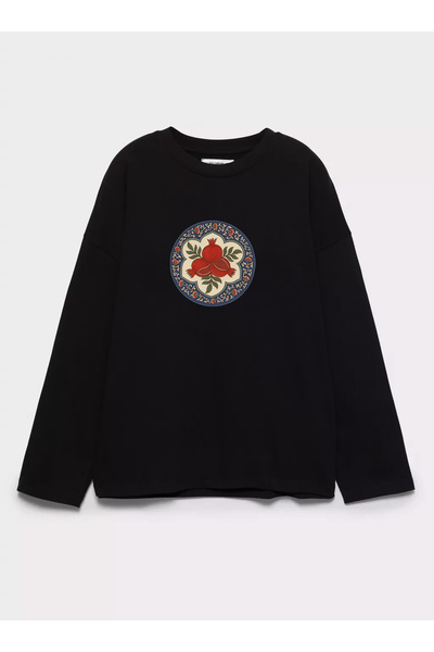 Disante %100 Pamuk Oversize Fit Nar Motifli Baskılı - Bisiklet Yaka Uzun Koll...