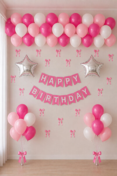 HAPPYLOOPPARTY Set de aniversare cu panglici roz, fucsia și alb, cu baloane, ...