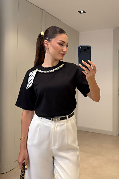 MAGARDE Modal Blouse with Chain Collar and Scarf - Black