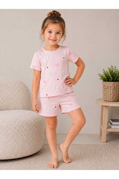 BEBEĞİME ÇORAP Crew Neck Short Sleeve Girl's Pajama Set with Shorts