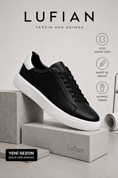 Lufian Men's Black Genuine Leather Sneaker Casual Sports Shoes Non-Slip Sole ...