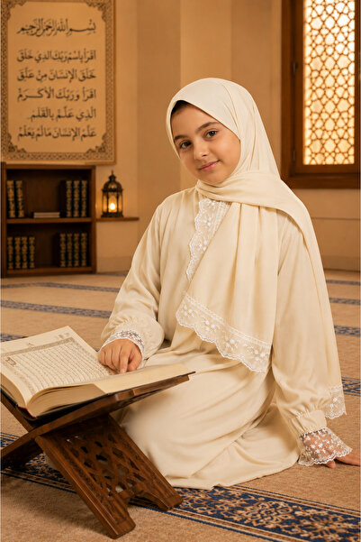 Defkay Summer Sweat-Proof Fabric Self-Headscarf Lace Girls' Prayer Dress
