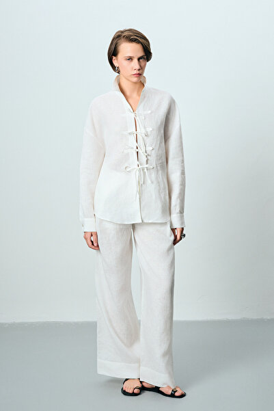 boneqa barcelona White Linen Trousers with Pile Detail