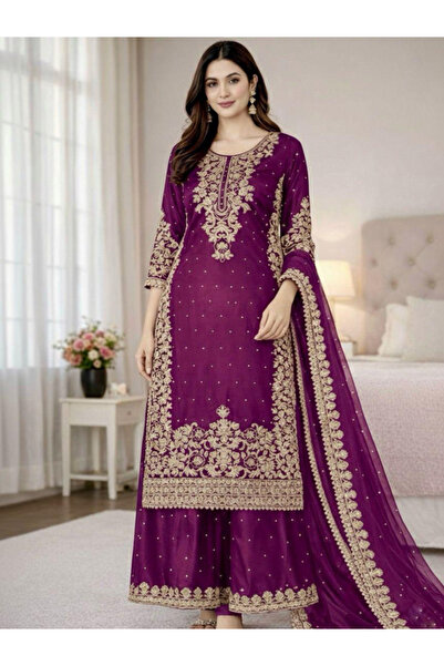 MYSMAR Purple GMY Silk Embroidered Palazzo Set - HRT9176 | Purple
