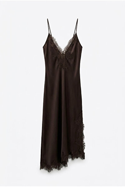 Quzu Brown V-Neck Satin Dress with Lace Details
