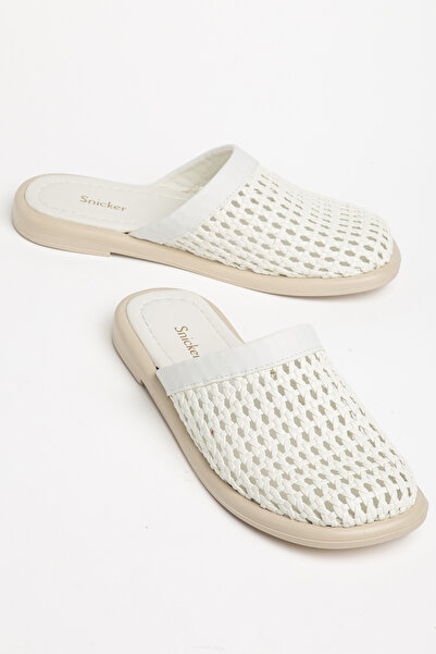 SNİCKER White Straw Patterned Poly Sole Slippers Women's Shoes