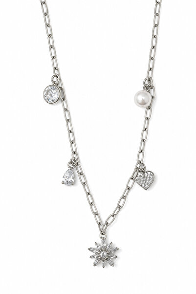 Jack Ferrero Gray Color Multi-Stone and Pearl Detailed Steel Necklace - Styli...