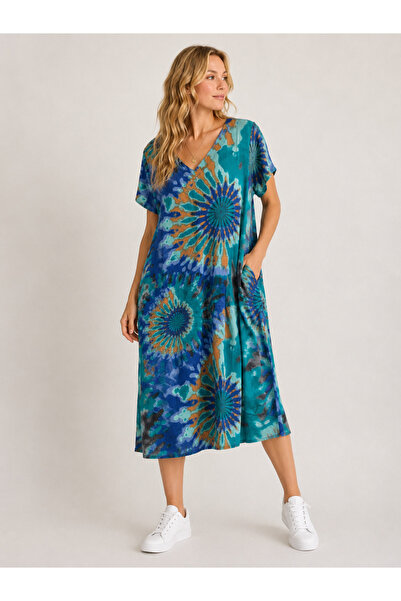 Sibel Günay Butik Turquoise Multi-Colored Patterned 105 cm Cotton Viscose Dre...